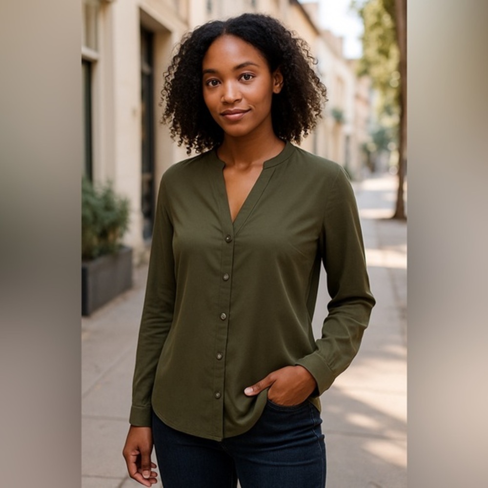 Zoa Women's Dark Gray Green Silky Dress Button Front Long Sl Shirt EUC XS #1852